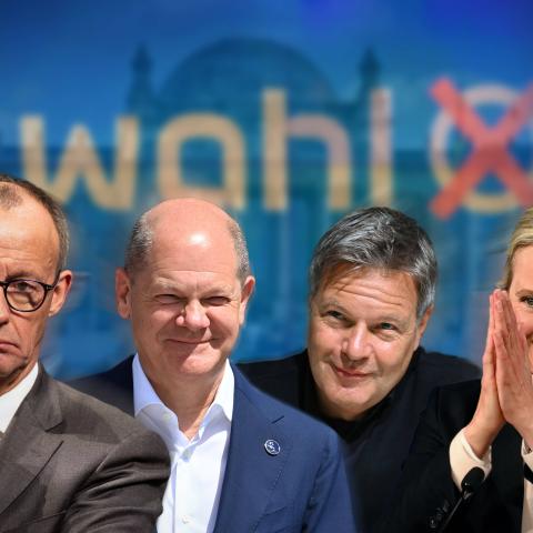 FOTOMONTAGE der vier Kanzlerkandidaten 2025: Friedrich Merz (CDU), Olaf Scholz (SPD), Robert Habeck (Buendnis90/Die Gruenen) und Alice Weidel (AfD,v.l.n.r.)